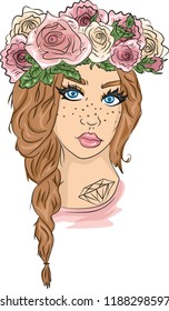 Beautiful girl with a wreath of roses on her head, a great illustration for an anniversary, Valentine's day, wedding, holiday, postcards, banner, decoration