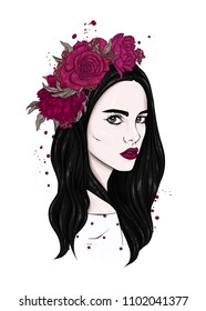 Beautiful girl in wreath of roses and peonies. Girl with long hair. Vector illustration for a postcard or a poster, print for clothes. Fashion & Style. Vintage.