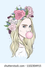 Beautiful girl in wreath of roses and peonies. Girl with long hair. Vector illustration for a postcard or a poster, print for clothes. Fashion & Style. Vintage. Gum.

