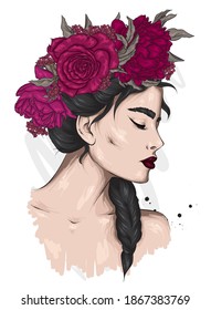 Beautiful girl in a wreath of roses and peonies. Flowers. Vector illustration for a postcard or poster, print on clothes.