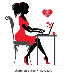 Beautiful girl writes or receive love letter by Internet, vector silhouette