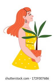 A beautiful girl in a yellow dress stands in profile and holds a flowerpot in her hands. Dress with polka dots. Summer mood.Design for banner, posters, cards etc. Vector illustration.