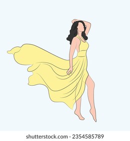 Beautiful girl with yellow dress vector line art premium vector illustration