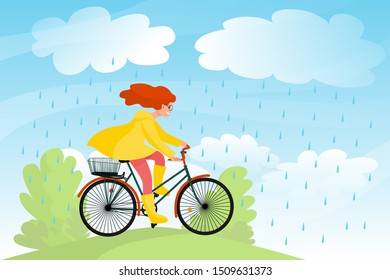 Beautiful girl in yellow raincoat rides bicycle in nature under rain, bike travel in park. Stock vector illustration.