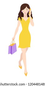 A beautiful girl in yellow walks with a phone and a shopping bag. Cheerful girl speaks by phone. Vector illustration.