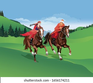 Una chica hermosa y un joven están montando caballos entre las montañas y los verdes valles en primavera. Fiesta de Nauryz. Tradiciones orientales. Ilustración vectorial.