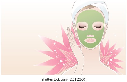 Beautiful girl, young woman with a cosmetic mask in her face on a lotus flower background. Skin care. Relaxation. Beauty treatment. Facial cleansing Mask.