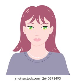 Beautiful girl or young woman with green eyes wearing grey t-shirt, flat design portrait illustration isolated vector