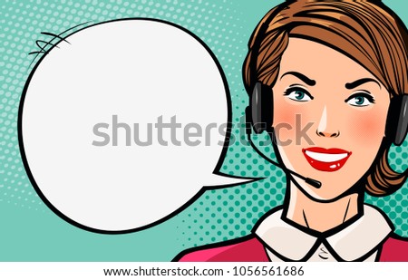 Beautiful girl or young woman with headset says. Call center, support, business concept. Cartoon vector illustration