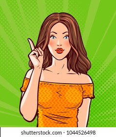 Beautiful girl or young woman with index finger. Pin-up concept. Pop art retro comic style. Cartoon vector illustration