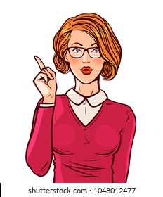 Hermosa chica o joven con el dedo índice. Pin-up, concepto de negocios. Estilo de comic retro de arte pop. Ilustración vectorial de dibujos animados