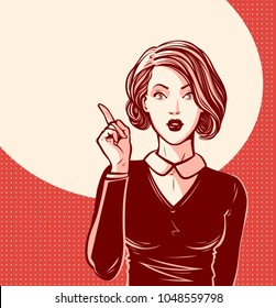 Beautiful girl or young woman with index finger. Pin-up concept. Pop art retro comic style. Cartoon vector illustration