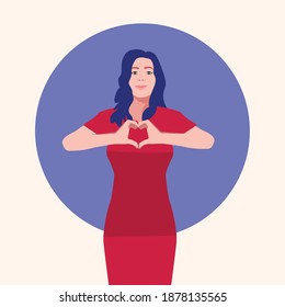 Beautiful Girl or young woman in red dress smiling and hands making a heart symbol. Romantic message concept. Flat style isolated