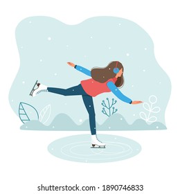 Hermosa chica, joven patinando al aire libre. Deportes de invierno. Patinaje artístico. Ilustración del vector