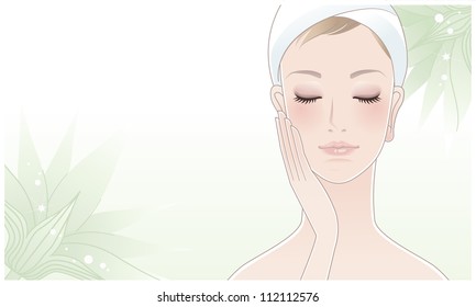 Beautiful girl, young woman touching her face with closed eyes on green lotus flower background. Skin care. Relaxation. Aroma therapy. Beauty care.Clipping mask is used.