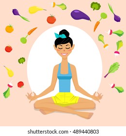 Beautiful girl, a young woman, a vegetarian in the lotus position surrounded by fruits and vegetables. Yoga girl.