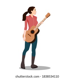 A beautiful girlFemale guitarist holding a musical instrument. standing with a guitar.Vector illustration isolated on white background.