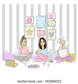 Beautiful girlfriends on a pajama party. Set with cute girls. Vector young ladies. Fashionable teens. Stylish chick of home interior. Trendy fashion illustration in sketch style. 