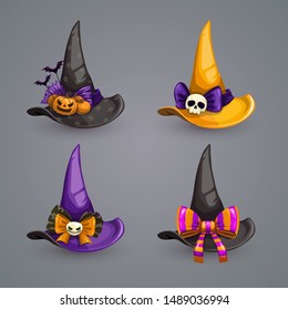 Beautiful girlish Halloween witch hats. Vector icons.