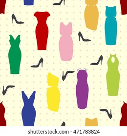 Beautiful girlish pattern with dress, high heel shoes. Creative seamless dress background for girls. Wallpaper for fashionable women. Retro colors.