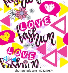 Beautiful girlish pattern with  fashion elements. Creative seamless background for girls. Wallpaper for fashionable women. Tender colors.