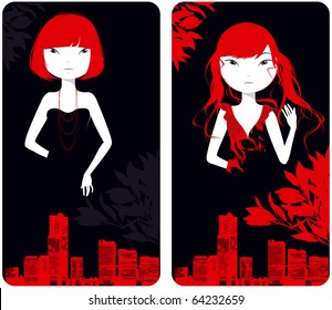 Beautiful girls against city buildings in red tones