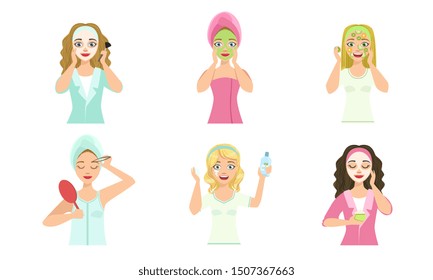 Beautiful Girls Applying Different Facial Masks for Skin Care and Treatment Set, Young Woman Cleaning and Caring for Their Faces, Facial Treatment, Beauty, Hygiene Vector Illustration