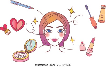 Beautiful girls applying makeup with a border of assorted cosmetics in a panorama banner, colored vector illustration.