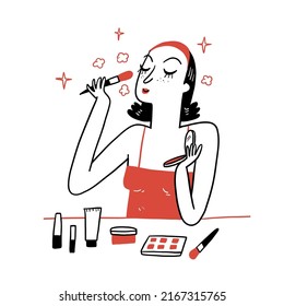 Las hermosas chicas aplican maquillaje con una frontera de cosméticos y productos de aseo variados en fondo blanco, Hand dibujó ilustración vectorial. 