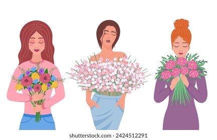 beautiful girls with bouquet of flowers. Vector Illustration for printing, backgrounds, covers and packaging. Image can be used for cards, posters, stickers and textile. Isolated on white background.