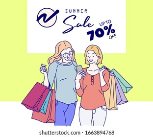 Beautiful girls are carrying a shopping bag using a smartphone and smiling happily. Background of the advertisement banner is on sale. Hand drawn thin line style, vector illustrations.