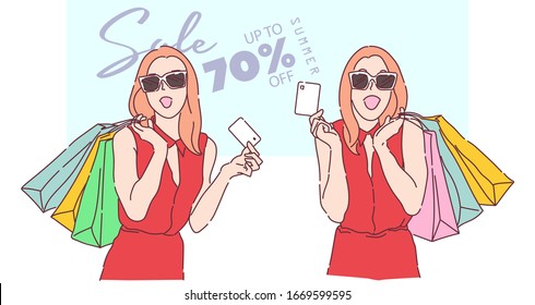 Beautiful girls are carrying a shopping bag and smiling happily. Background of the advertisement banner is on sale. Hand drawn thin line style, vector illustrations.
