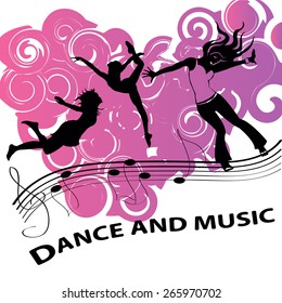 Beautiful girls in dance. Loud music and pink background
