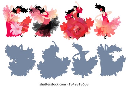 Beautiful girls dancing flamenco and their silhouettes. Find the correct shadow.