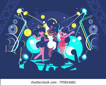 Beautiful girls dancing on dance floor in nightclub. Vector illustration