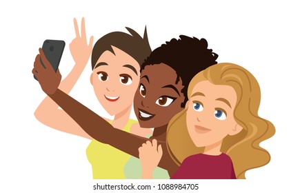 Beautiful girls of different nationalities make selfie.