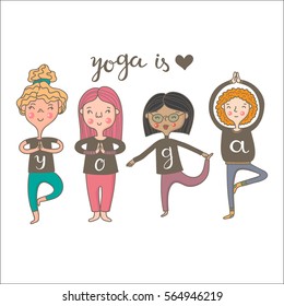  Beautiful girls doing yoga poses in cartoon style.