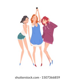 Beautiful Girls Dressed in Trendy Clothes Standing Together and Making Selfie, Group of Girlfriends, Female Friendship Vector Illustration