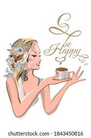 A beautiful girl's face with blond hair decorated with flowers and butterflies taking a cup of coffee in her hands in lines with lettering and a heart.  Vector illustration.