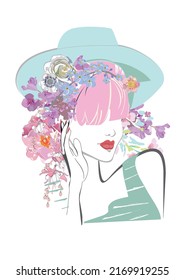 A beautiful girl's face with curly hair decorated with flowers and butterflies  with her hands in lines.  Vector illustration.
