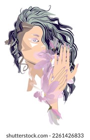 A beautiful girl's face with curly hair decorated with flowers and butterflies  with her hands in lines.  Vector illustration.