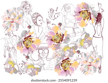 A beautiful girl's face decorated with flowers, peonies, hairstyle and hands in lines. Hand drawn vector illustration.