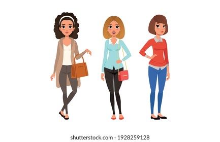 Beautiful Girls in Fashionable Clothes Set, Three Young Women Wearing Trendy Stylish Outfit Cartoon Vector Illustration