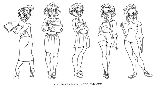 beautiful girls, female students, school pupils with glasses and books in hands