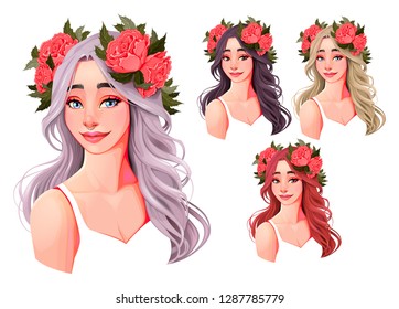 Beautiful girls with flowers on their heads. Four hair colors, isolated characters.