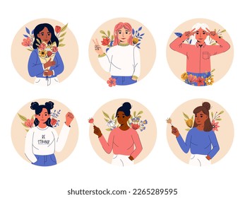Beautiful girls with flowers in their hands. Girl power, feminism, sisterhood concept.