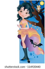 beautiful girls with halloween dress and banner to write message