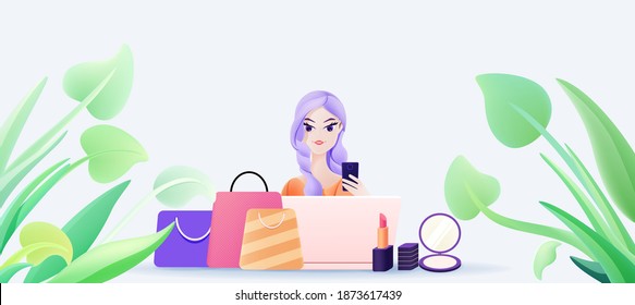 A beautiful girl's hand drawn vector illustration of online shopping cosmetics in nature's green plants