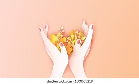 Beautiful girl's hand holding colorful leaves in Autumn. Women and autumn leaves. paper cut and craft style. vector, illustration.