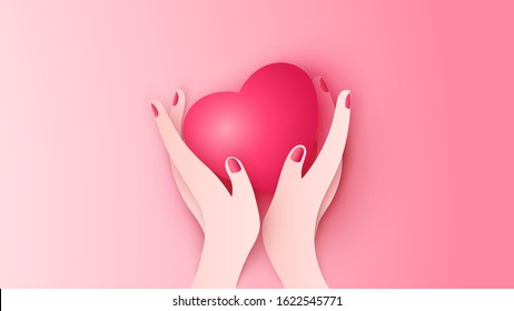 Beautiful girl's hand holding pink Heart in Valentine's day. Give a heart on Valentine's day. paper cut and craft style. vector, illustration.